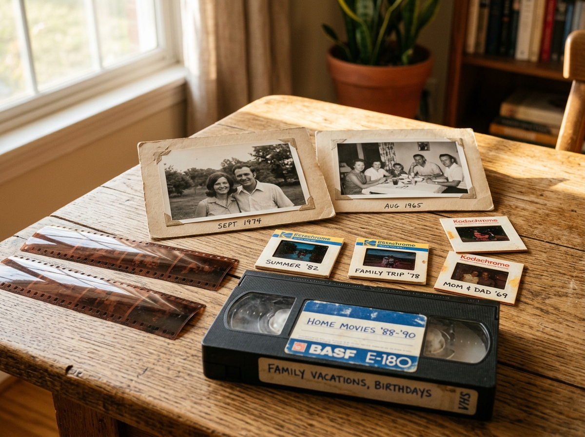 Vintage family photographs lying on a wooden table, being examined with love